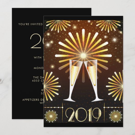 Champagne en Vuurwerk Nieuwjaarsuitnodiging Kaart (Voorkant / Achterkant)