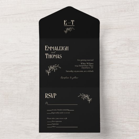 Champagne en Zwart Eenvoudig Modern Huwelijk All In One Uitnodiging (Binnen)