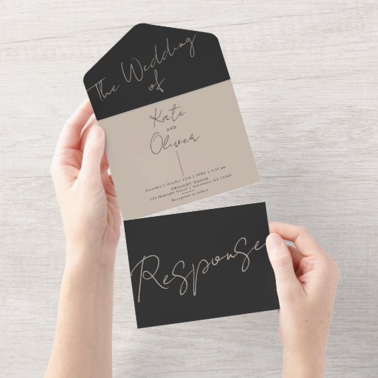 Champagne en Zwarte Huwelijksuitnodiging All In One Uitnodiging (Afscheurbaar)