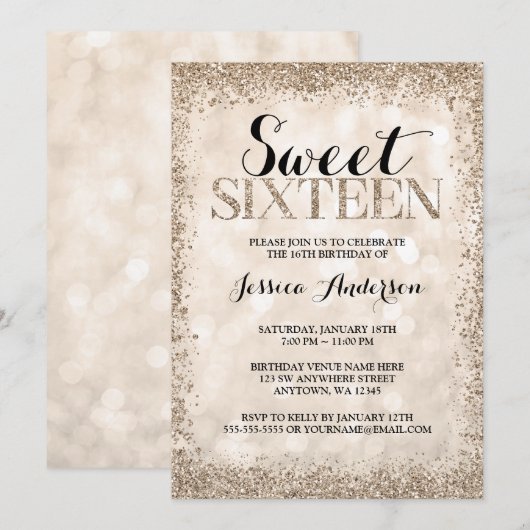 Champagne Faux Glitter Sweet 16 Verjaardag Kaart (Voorkant / Achterkant)
