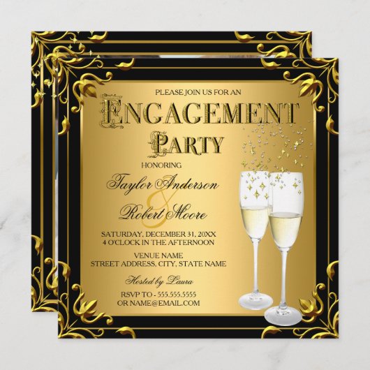 Champagne Faux Gold Black Engagement Kaart (Voorkant / Achterkant)