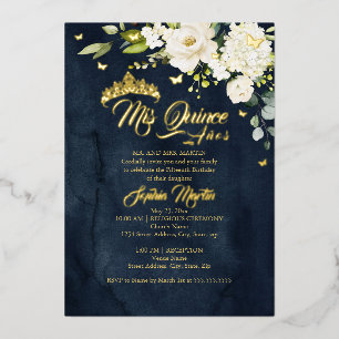 Champagne Floral Navy Gold Mis Quince Quinceanera Folie Uitnodiging