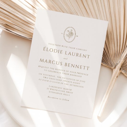 Champagne Floral Ovaal Monogram Huwelijksuitnodigi Kaart