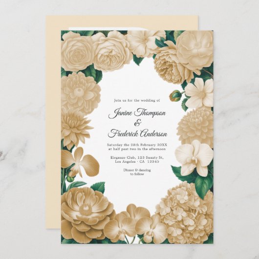 Champagne Floral Photo and QR Code Wedding Kaart (Voorkant / Achterkant)
