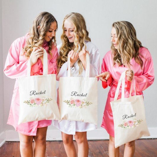 Champagne Floral Wedding Bridesmaid Name Tote Bag