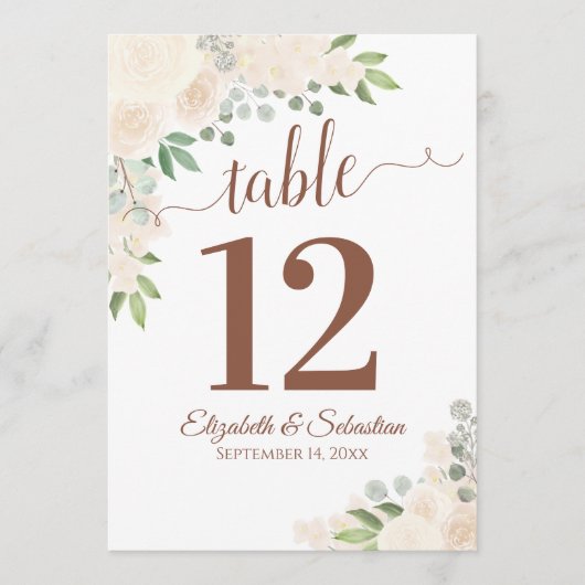 Champagne Floral Wedding Table Number Kaart Grote (Voorkant)