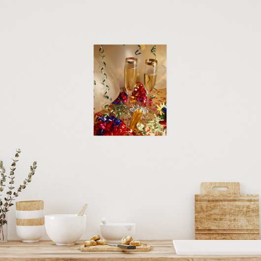 Champagne-fluiten, wimpels en luidsprekers poster (Keuken)