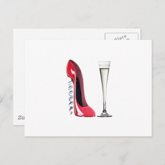 Champagne Flute Glass en Corkschroef Stiletto Shoe Briefkaart (Voorkant / Achterkant)
