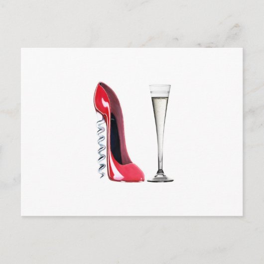Champagne Flute Glass en Corkschroef Stiletto Shoe Briefkaart (Voorkant)