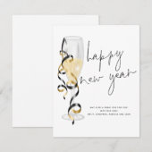 Champagne Flute Script Happy Nieuwjaar Notitiekaartje (Voorkant / Achterkant)