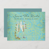  champagne flutes blauwgroen gouddamtbruiloft aankondigingskaart (Voorkant / Achterkant)