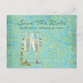  champagne flutes blauwgroen gouddamtbruiloft aankondigingskaart (Voorkant)