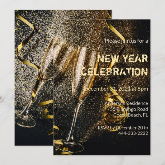 Champagne Flutes nieuwjaarsviering uitnodiging (Voorkant / Achterkant)