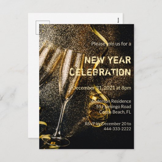 Champagne Flutes nieuwjaarsviering uitnodiging (Voorkant / Achterkant)