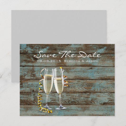 champagne flutes rustige blue barn bruiloft aankondigingskaart (Voorkant / Achterkant)