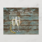 champagne flutes rustige blue barn bruiloft aankondigingskaart (Voorkant)