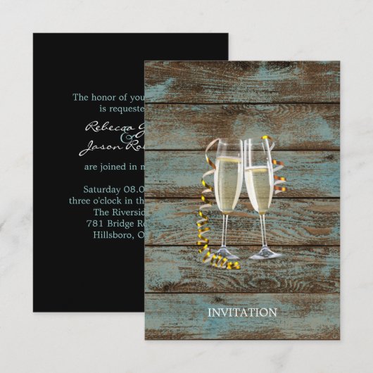 champagne flutes rustige blue barn bruiloft kaart (Voorkant / Achterkant)