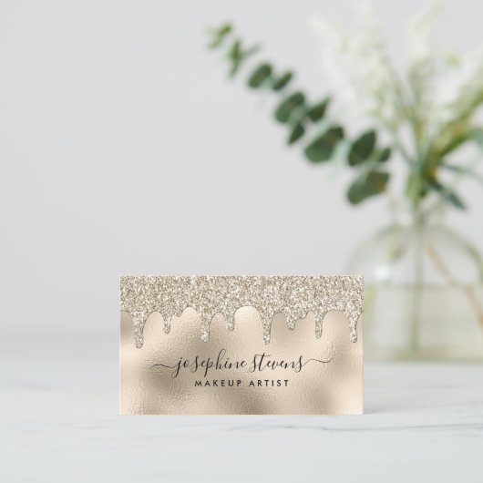 Champagne Folie Glitter Drift Script Typografie Visitekaartje (Staand voorkant)
