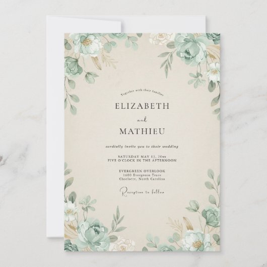 Champagne Gedempte Eucalyptus Loof Bruiloft Kaart (Voorkant)