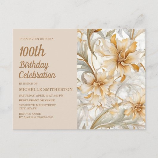 Champagne Geel Bloemen Vrouwen 100ste Verjaardag Uitnodiging Briefkaart (Voorkant)