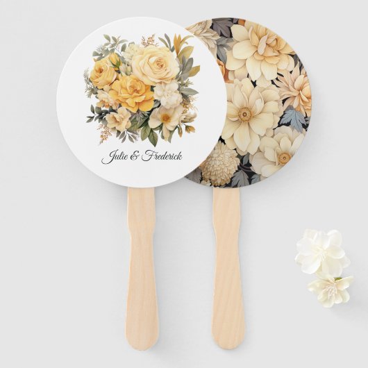 Champagne gekleurde bloemenbruiloft handwaaier (Voorkant en achterkant)