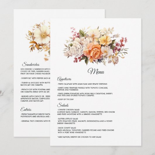 Champagne gekleurde bloemenbruiloft menu (Voorkant / Achterkant)