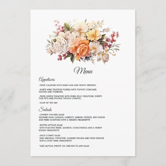 Champagne gekleurde bloemenbruiloft menu (Voorkant)