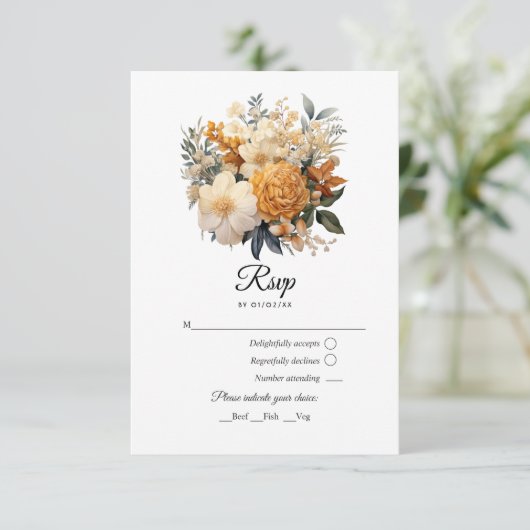 Champagne gekleurde bloemenbruiloft RSVP kaartje (Staand voorkant)