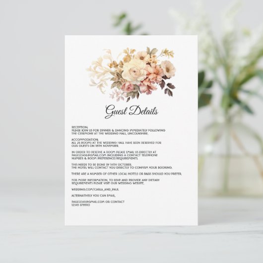 Champagne Gekleurde Floral bruiloft Gast Details Informatiekaartje (Staand voorkant)