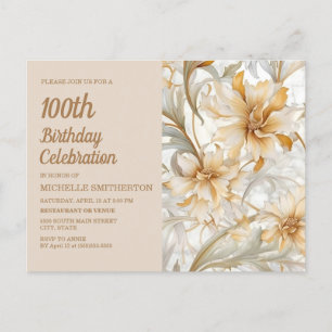 Champagne Gele Bloemen Vrouwen 100ste Verjaardag Uitnodiging Briefkaart