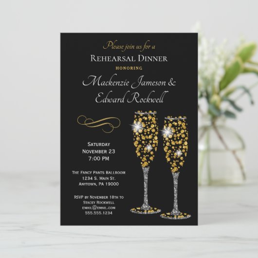 Champagne Glam Black Rehearsal Dinner Invitation Kaart (Staand voorkant)