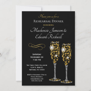 Champagne Glam Black Rehearsal Dinner Invitation Kaart