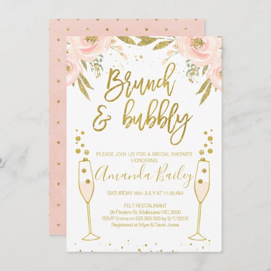 Champagne Glas Brunch Bruids Douche Uitnodiging (Voorkant / Achterkant)