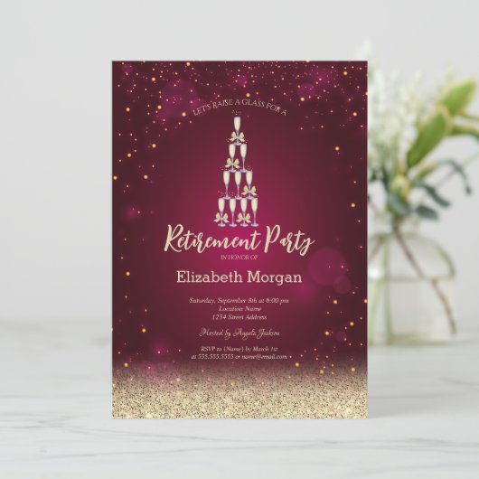 Champagne Glas Gouden Bokeh Rozen Rood Pensioen Kaart (Staand voorkant)