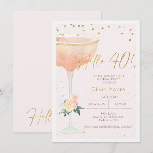 Champagne Glas Gouden Kalligrafie 40e Verjaardag Kaart (Voorkant / Achterkant)