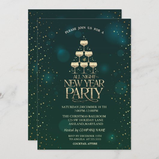 Champagne glas sterren cocktail kerst kaart (Voorkant / Achterkant)