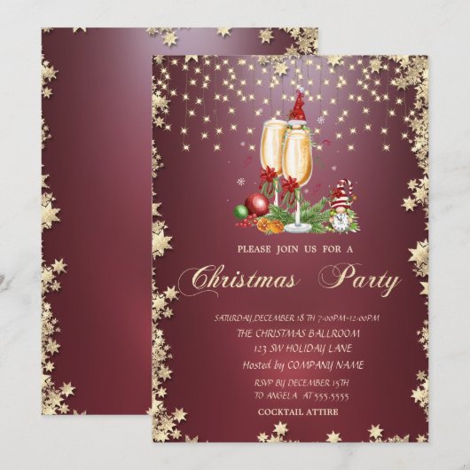 Champagne glas, sterren kabouters kerstfeest kaart (Voorkant / Achterkant)