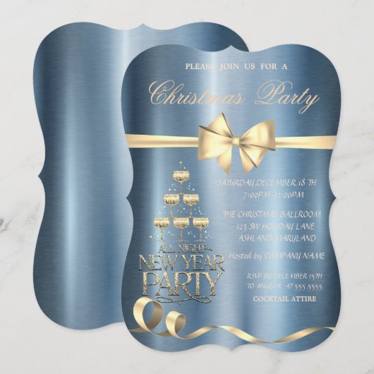 Champagne glas strik blauw metallic kerst kaart (Voorkant / Achterkant)