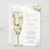 Champagne Glas Wit & Goud Bloemen Bruids Brunch Kaart (Voorkant)