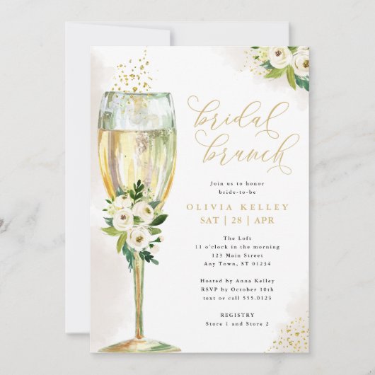 Champagne Glas Wit & Goud Bloemen Bruids Brunch Kaart (Voorkant)