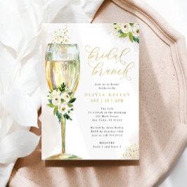 Champagne Glas Wit & Goud Bloemen Bruids Brunch Kaart