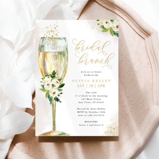 Champagne Glas Wit & Goud Bloemen Bruids Brunch Kaart