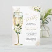 Champagne Glas Witte Bloemen Bruids Luncheon Kaart (Staand voorkant)