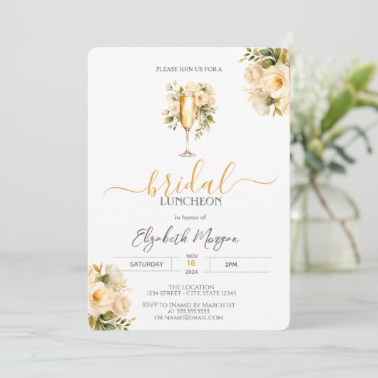 Champagne glas witte rozen bruids lunch kaart (Staand voorkant)