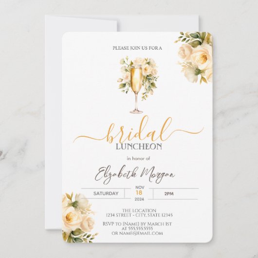 Champagne glas witte rozen bruids lunch kaart (Voorkant)