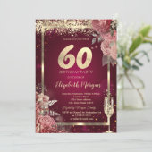 Champagne Glass Gold Confetti Floral Red 60th Kaart (Staand voorkant)