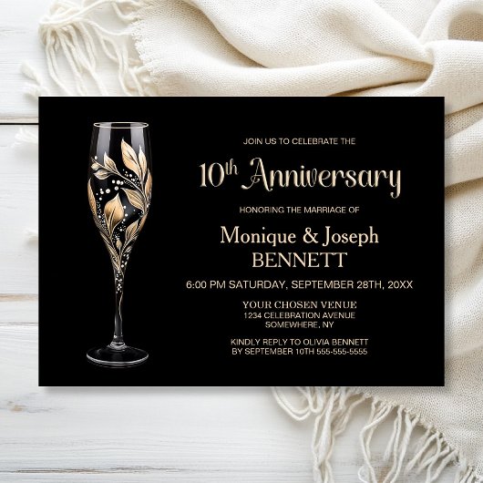 Champagne Glass Gold Leaf 10th Wedding Anniversary Kaart