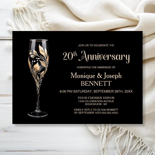 Champagne Glass Gold Leaf 20th Wedding Anniversary Kaart