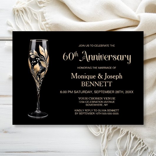 Champagne Glass Gold Leaf 60th Wedding Anniversary Kaart