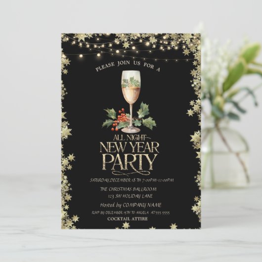 Champagne Glass Holly Berry Cocktail Stars Vakanti Kaart (Staand voorkant)